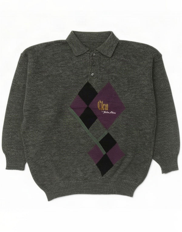 Męski sweter polo w stylu vintage IT 54 XL Zielony Argyle/diamentowa wełna