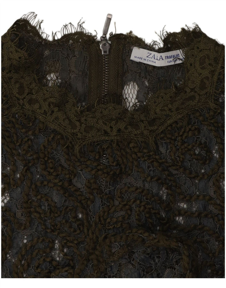 Damski krótki, koronkowy top Zara, prześwitujący, UK 10, mały, khaki, w kwiaty
