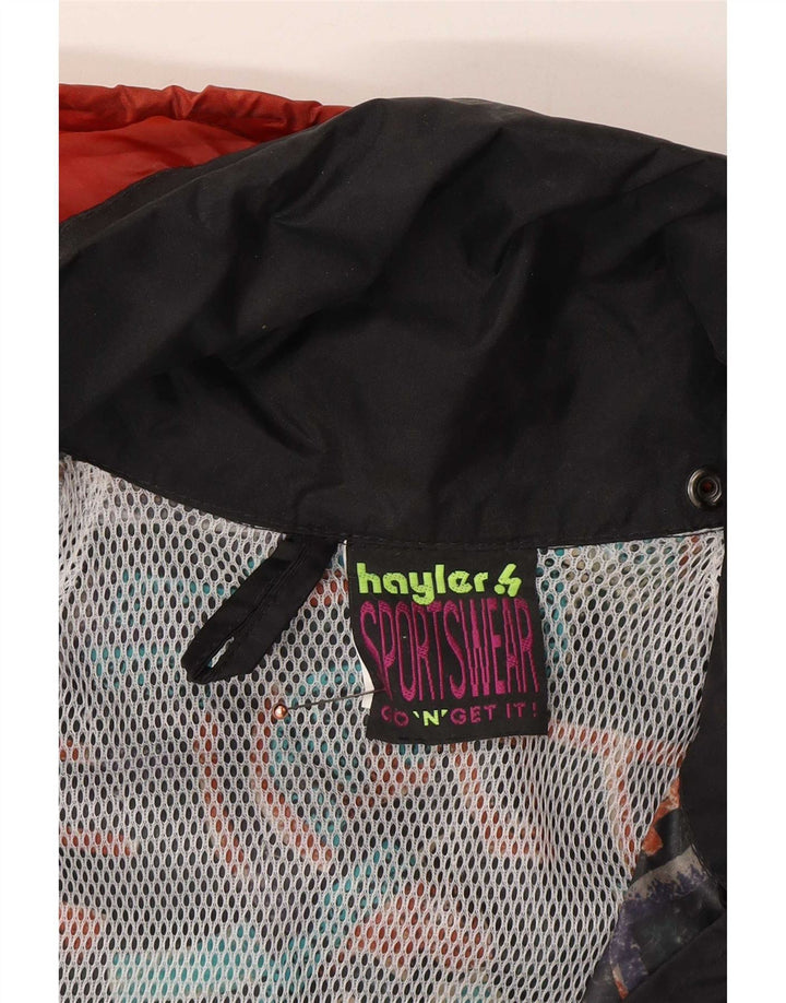 Vintage męska kurtka przeciwdeszczowa z kapturem Anorak UK 38, średnia czarna geometryczna