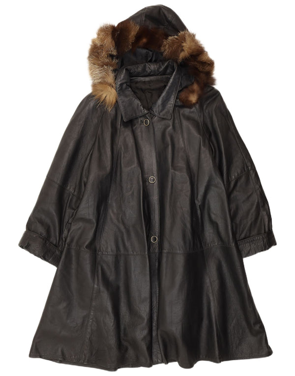 VINTAGE damski płaszcz skórzany z kapturem i luźnym krojem UK 14, średnia czarna skóra