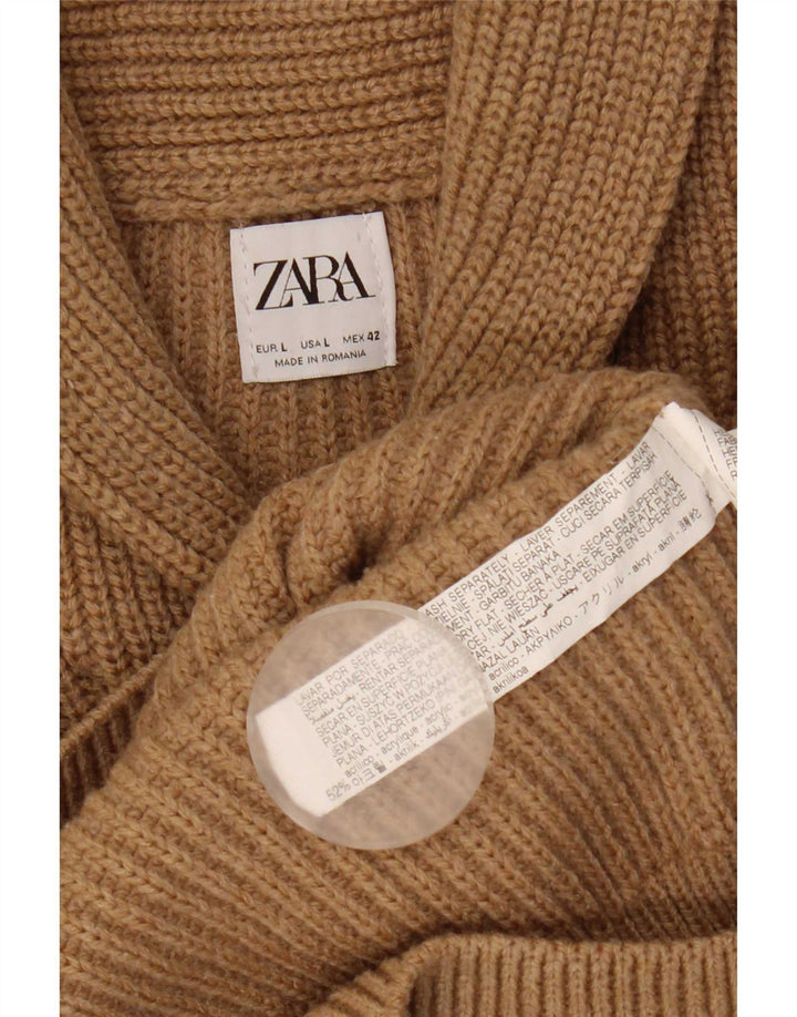 Męski sweter Zara z szalowym dekoltem, duży, beżowy, akrylowy