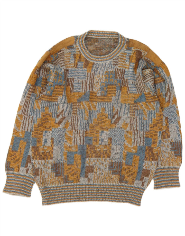 Vintage męski sweter z wycięciem pod szyją, duży, wielokolorowy, geometryczny
