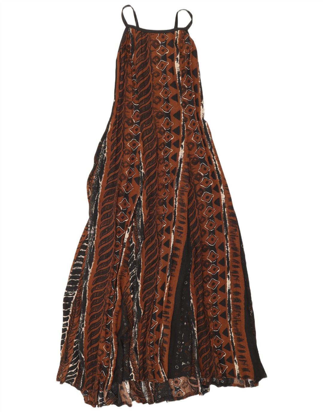 Damska sukienka maxi bez rękawów w stylu vintage UK 12 Średni brązowy geometryczny wiskoza
