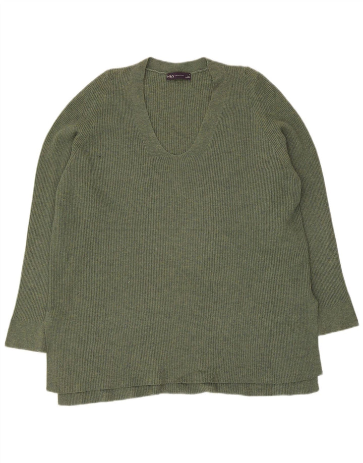 Marks & Spencer Damski sweter z dekoltem w kształcie litery V, UK 16, duży, khaki, poliester