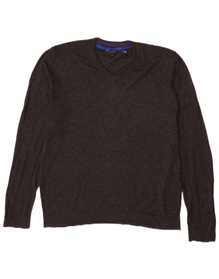 Męski sweter Ted Baker z dekoltem w kształcie litery V, rozmiar 5 XL, szara wełna