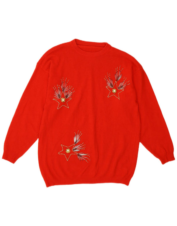 Vintage damski sweter z abstrakcyjnym wzorem i okrągłym dekoltem UK 14, średni czerwony