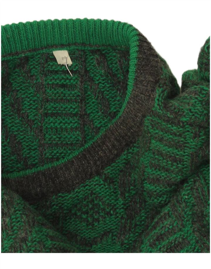 Vintage męski sweter z okrągłym dekoltem, średnio zielony, geometryczny