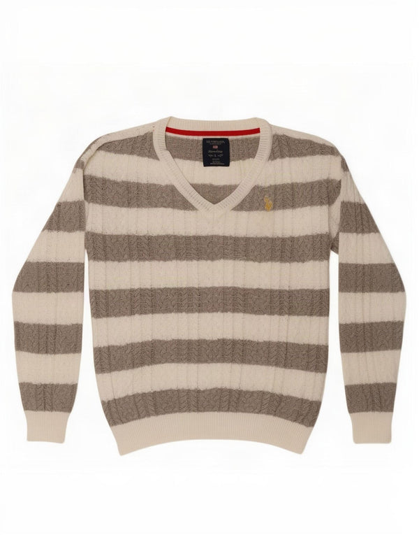 US Polo Assn. Damski sweter z dekoltem w kształcie litery V, UK 16, w duże białe paski
