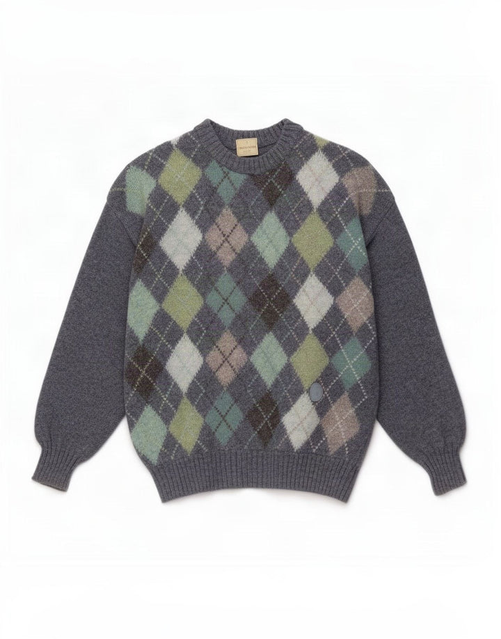 Męski sweter z okrągłym dekoltem Trussardi, średni niebieski Argyle/diamentowa wełna