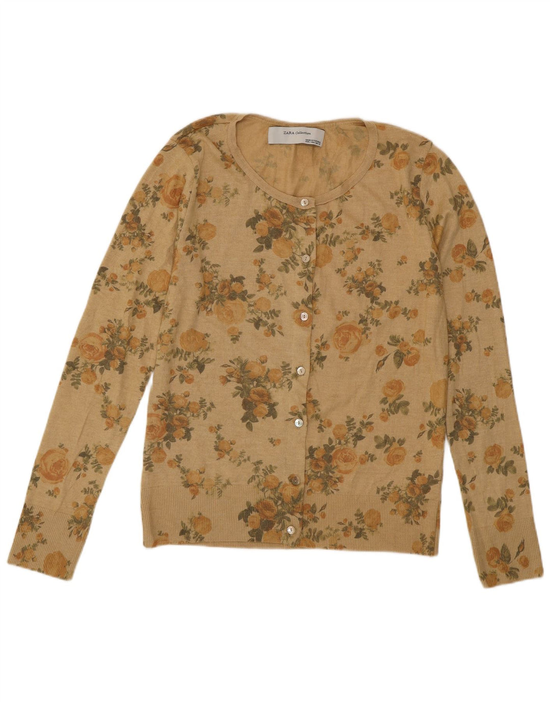 Sweter damski Zara Cardigan UK 14, duży, beżowy, z kwiatowym poliestrem