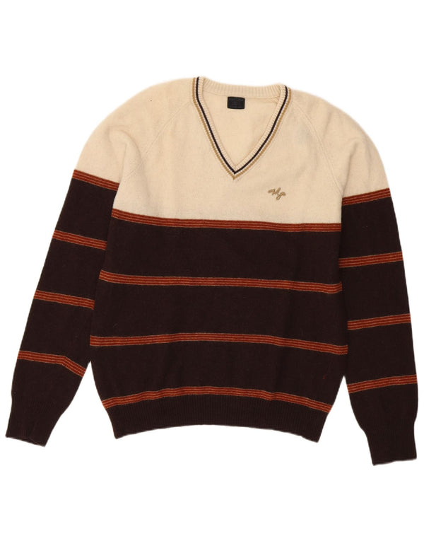 Sweter damski Meltin' Pot z dekoltem w kształcie litery V, UK 14, duży, wełniany w białe paski