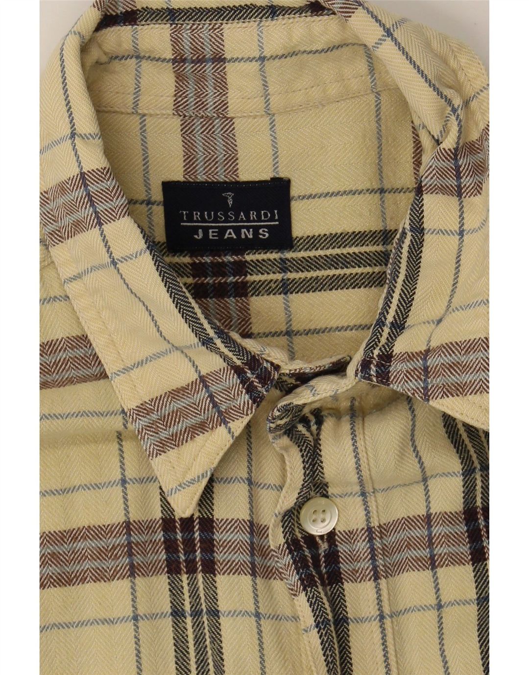 TRUSSARDI JEANS Mens Flannel Shirt Large Beige Check Cotton Vintage Trussardi Jeans and Second-Hand Trussardi Jeans from Messina Hembry 