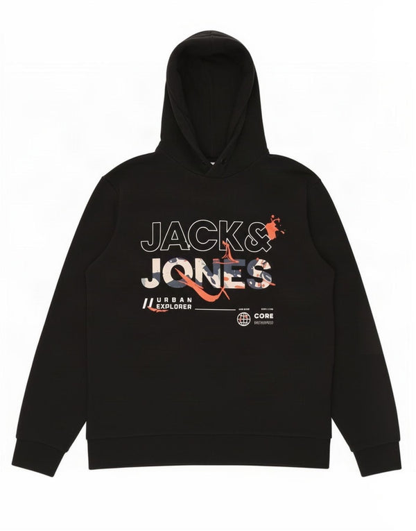 Męski sweter z kapturem Jack & Jones z grafiką XL, czarny, bawełniany