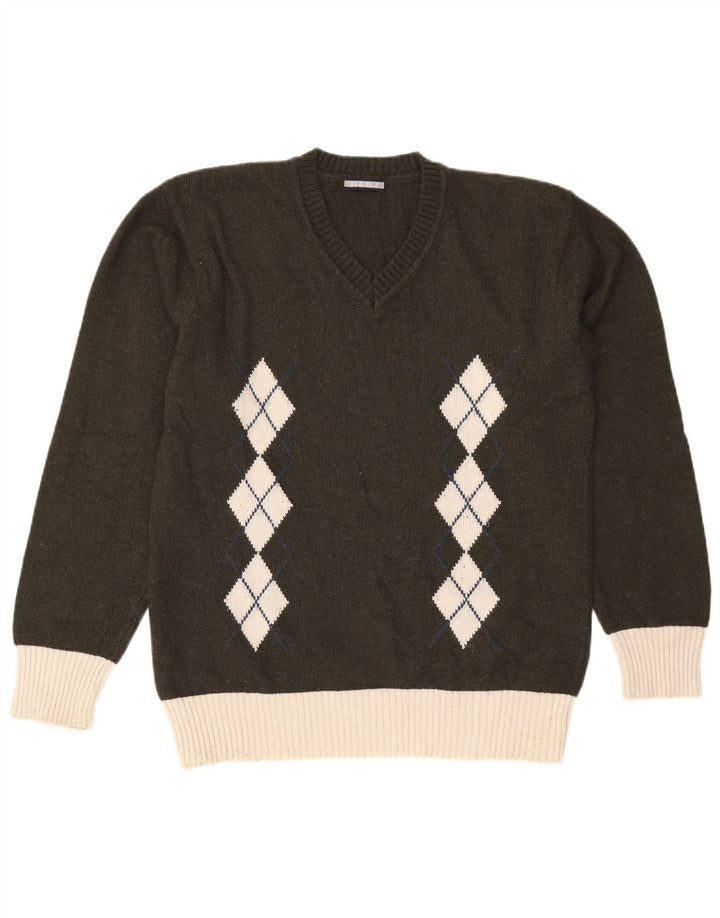 Męski sweter w stylu vintage z dekoltem w szpic, duży Khaki Argyle/diamentowa wełna