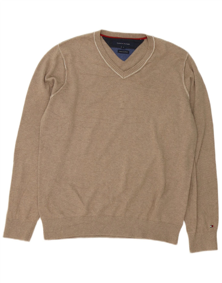 Męski sweter Tommy Hilfiger z dekoltem w kształcie litery V, mały, szary, bawełniany