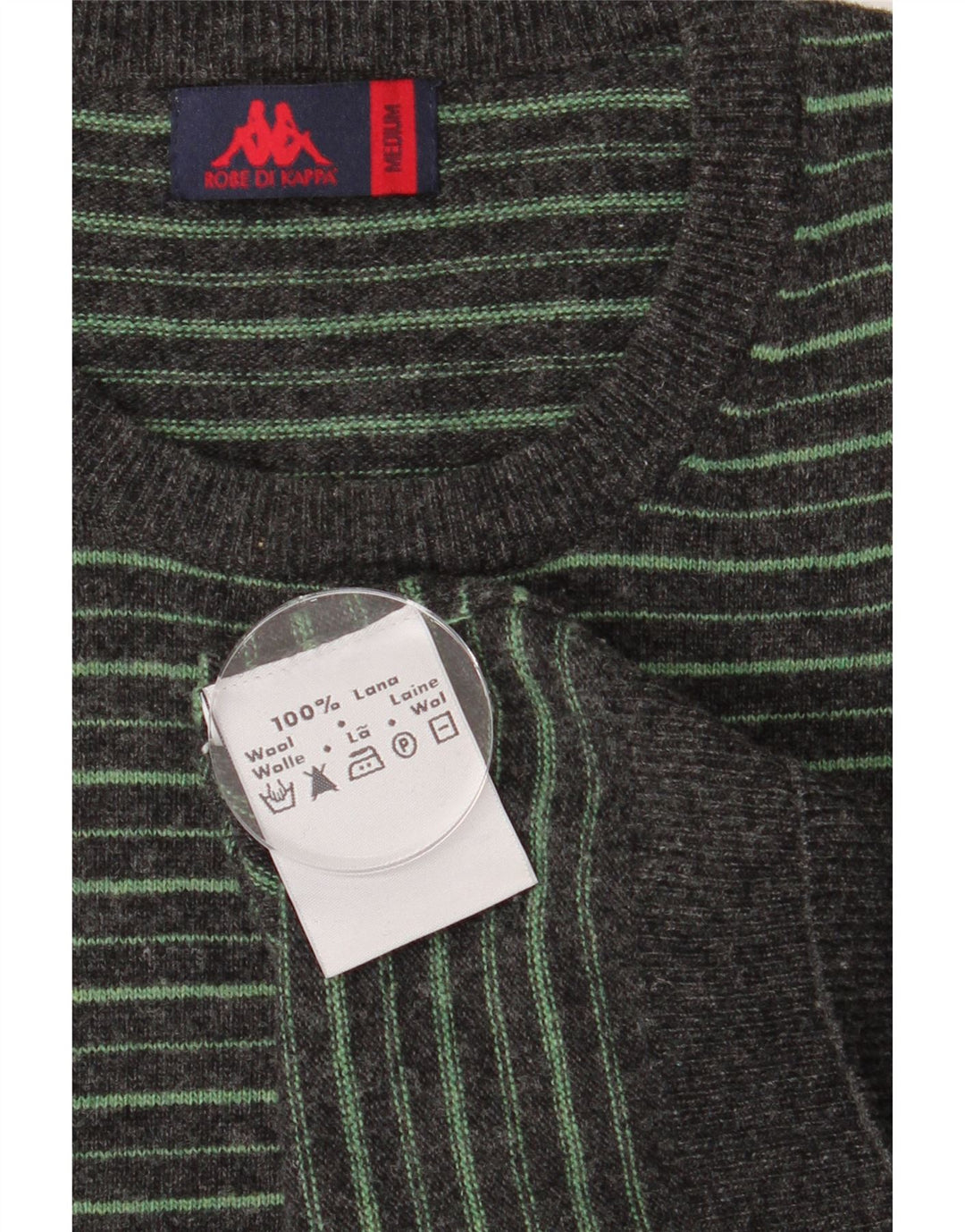 KAPPA Womens Crew Neck Jumper Sweater UK 14 Medium Grey Striped Wool Vintage Kappa and Second-Hand Kappa from Messina Hembry 