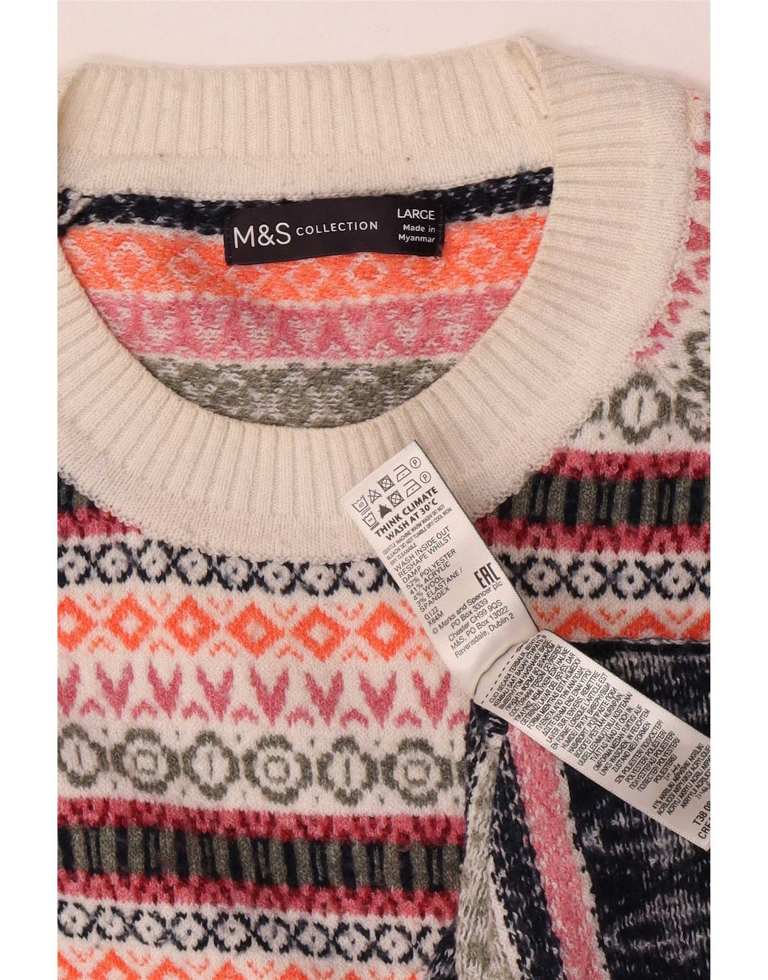 Marks & Spencer Męski sweter z dekoltem w łódkę, duży, wielokolorowy Fair Isle