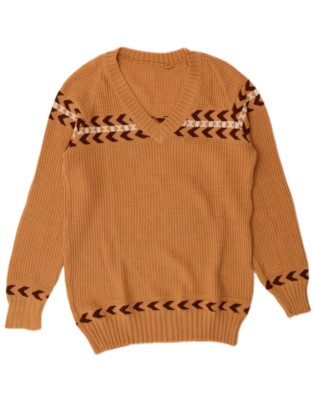 Sweter damski VINTAGE z dekoltem w kształcie litery V, UK 10, mały, brązowy, geometryczny