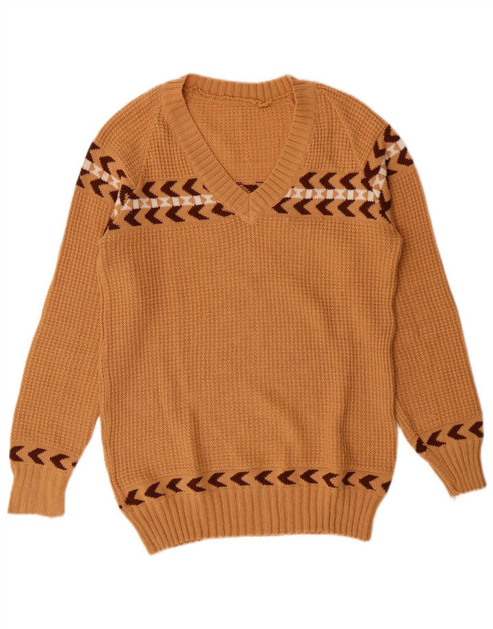 Sweter damski VINTAGE z dekoltem w kształcie litery V, UK 10, mały, brązowy, geometryczny