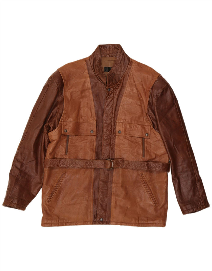 Męska kurtka skórzana w stylu vintage IT 52 XL Brązowa skóra z blokami kolorów