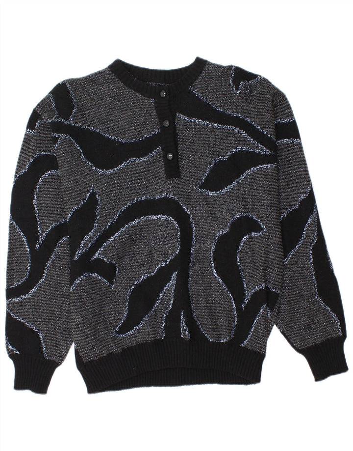 VINTAGE Womens Button Neck Jumper Sweater UK 10 Small Grey Floral
