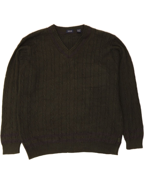 IZOD Męski sweter z dekoltem w kształcie litery V, duży, zielony, bawełniany