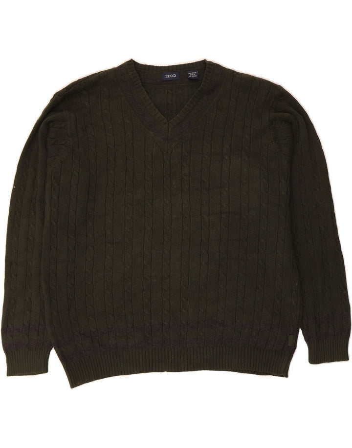 IZOD Męski sweter z dekoltem w kształcie litery V, duży, zielony, bawełniany