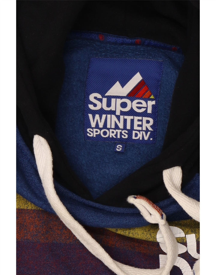 SUPERDRY Męski sweter z kapturem i grafiką, mały, niebieski, bawełniany z blokami kolorów