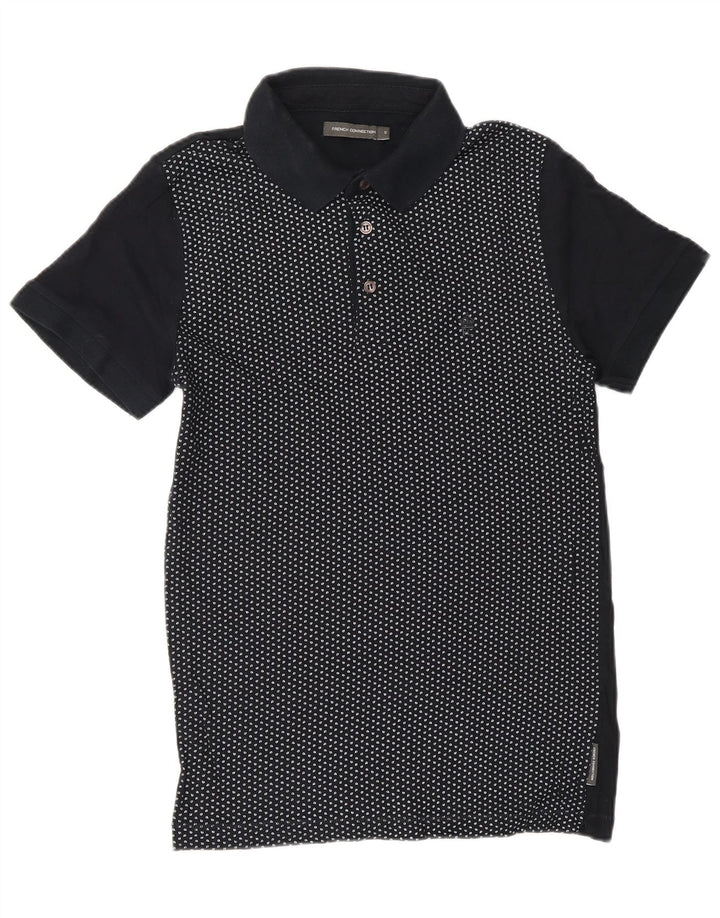 FRENCH CONNECTION Mens Abstract Pattern Polo Shirt Small Navy Blue Cotton