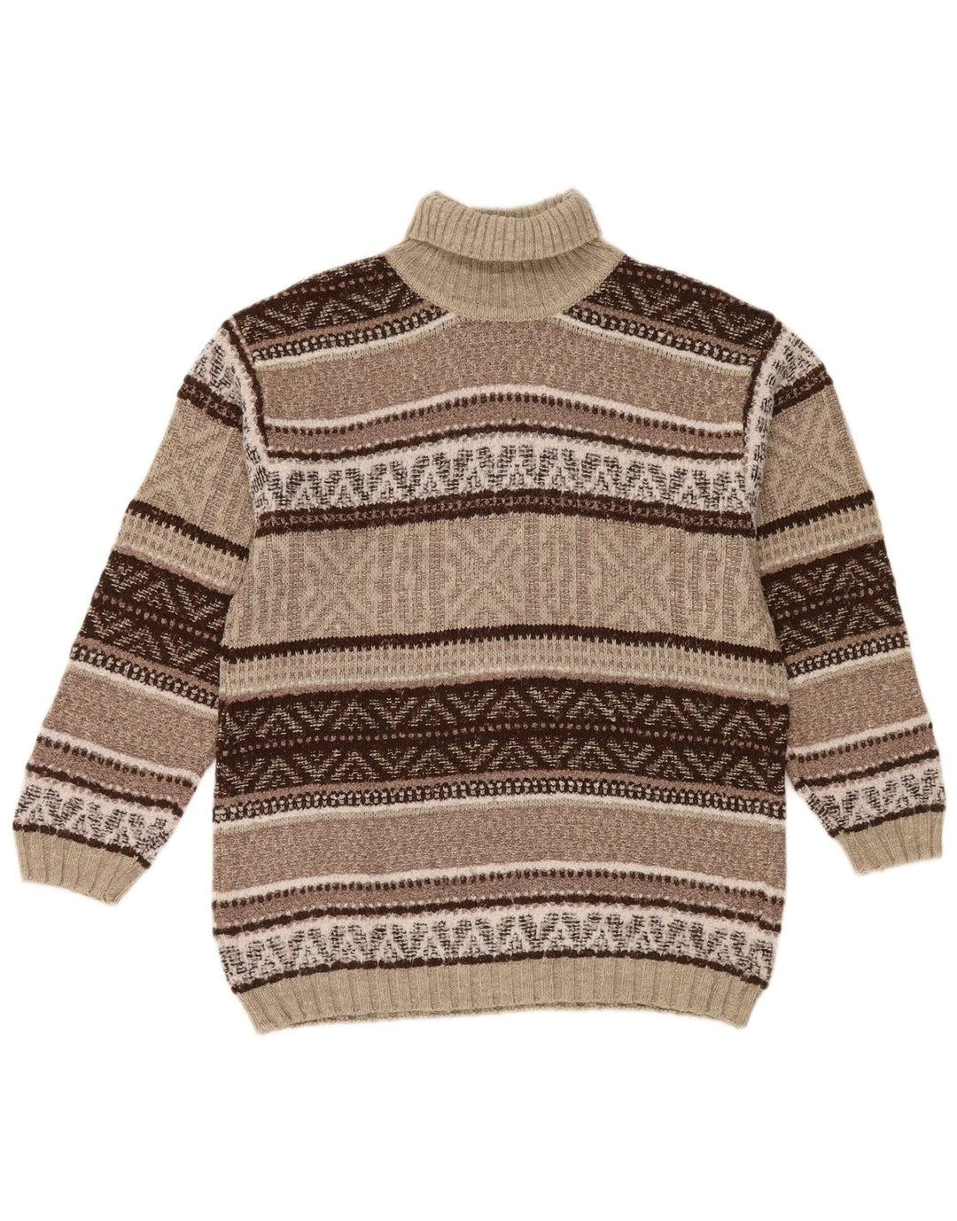 Vintage męski sweter z wywijanym dekoltem, średniobrązowy, geometryczny wełniany