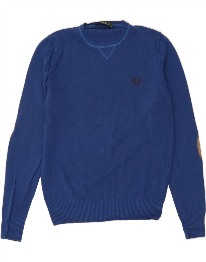 FRED PERRY Mens Crew Neck Jumper Sweater Small Blue Colourblock Wool Vintage Fred Perry and Second-Hand Fred Perry from Messina Hembry 