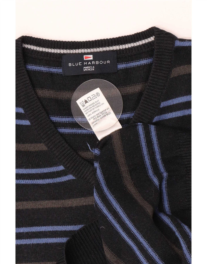 Marks & Spencer Męski sweter z dekoltem w kształcie litery V, średni, granatowy, akrylowy w paski