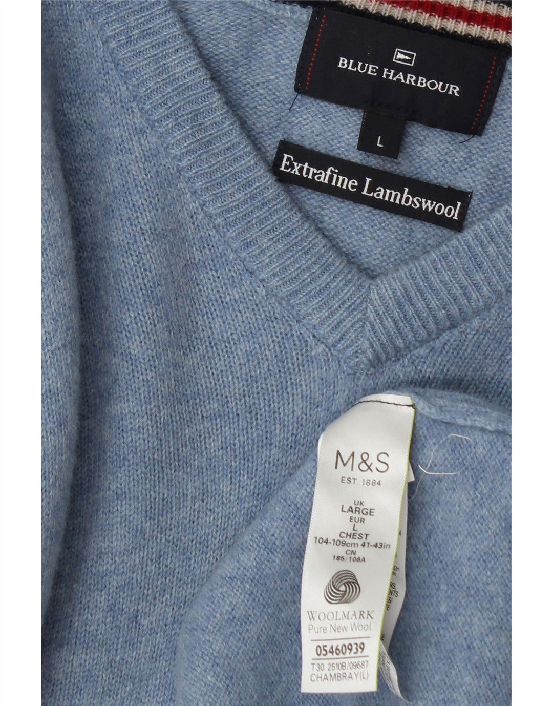 Męski sweter Marks & Spencer Blue Harbor z dekoltem w kształcie litery V, duży, niebieski nakrapiany