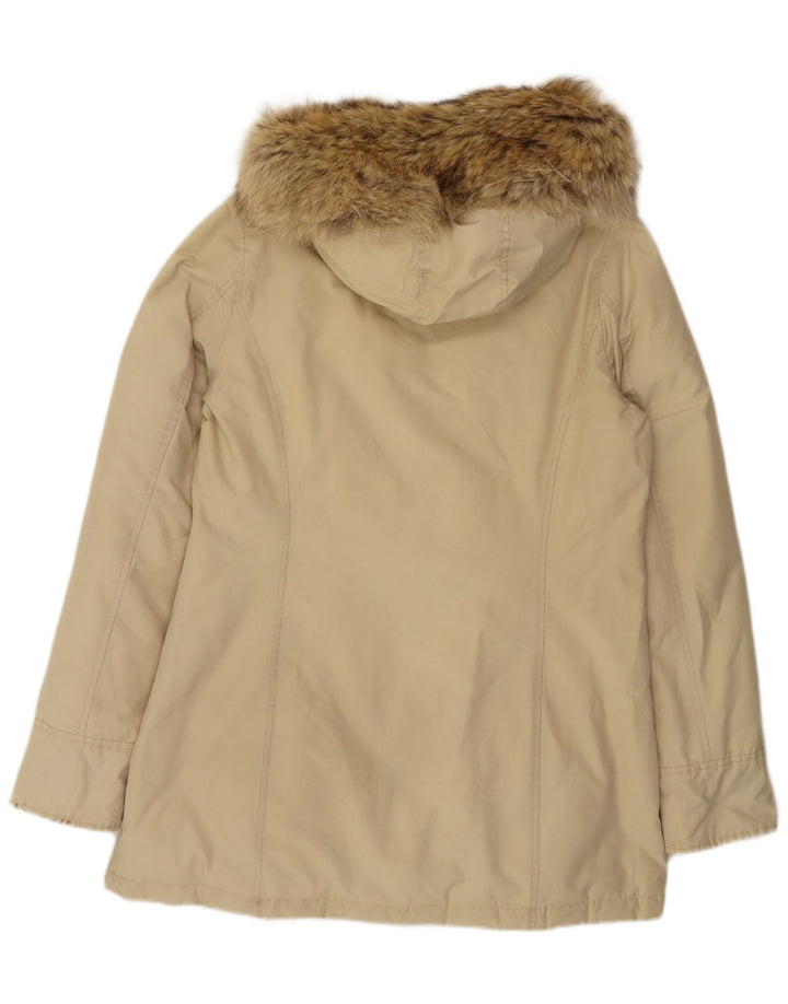 Damski ocieplany płaszcz z kapturem Woolrich UK 14, średni beż, bawełna