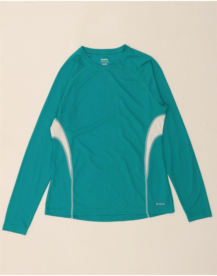 REEBOK Womens Top Long Sleeve UK 12 Medium Turquoise Colourblock Polyester Vintage Reebok and Second-Hand Reebok from Messina Hembry 
