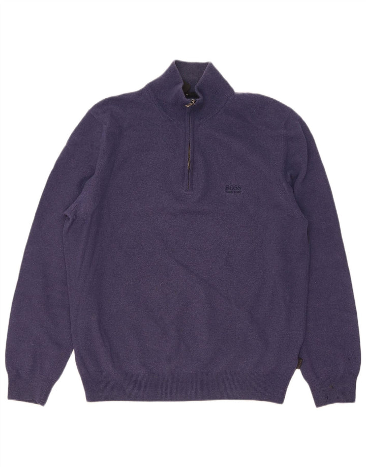 Męski sweter z zamkiem błyskawicznym Hugo Boss, duży, granatowy, z dziewiczej wełny