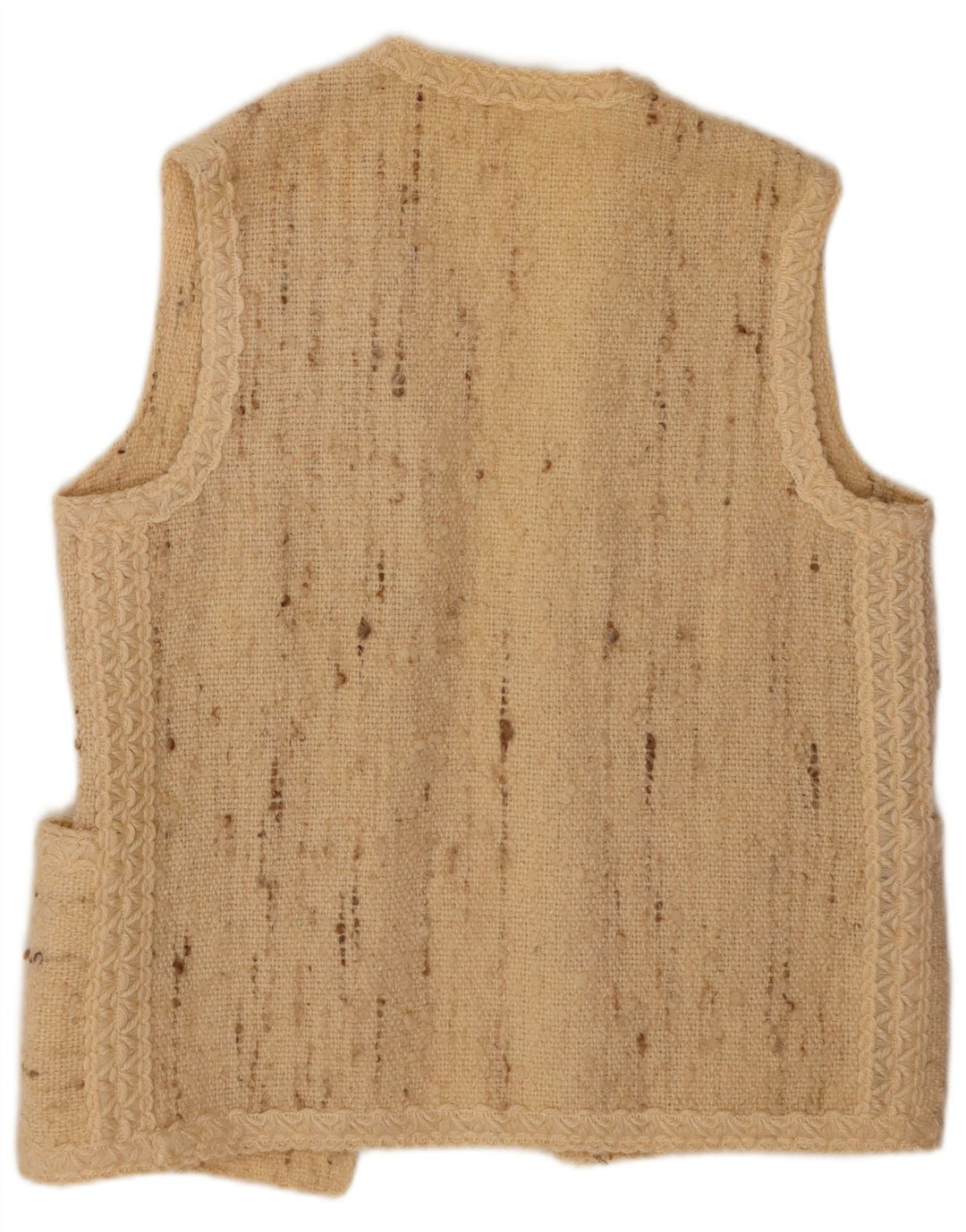 Damski sweter rozpinany bez rękawów w stylu vintage, UK 16, duży, beżowy, nakrapiany