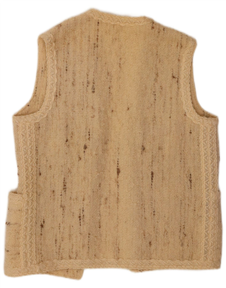 Damski sweter rozpinany bez rękawów w stylu vintage, UK 16, duży, beżowy, nakrapiany