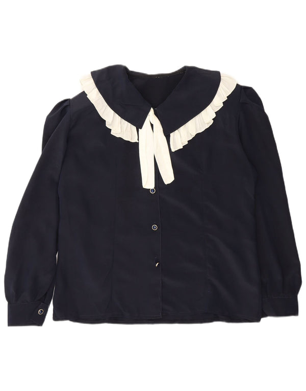 Vintage Womens Front Tie Shirt Blouse UK 16 Large Navy Blue Colourblock