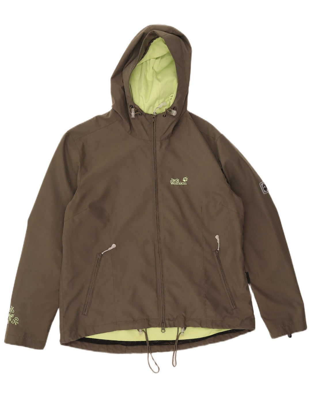 Damska kurtka przeciwdeszczowa z kapturem Jack Wolfskin UK 14/16, duża, khaki, poliester