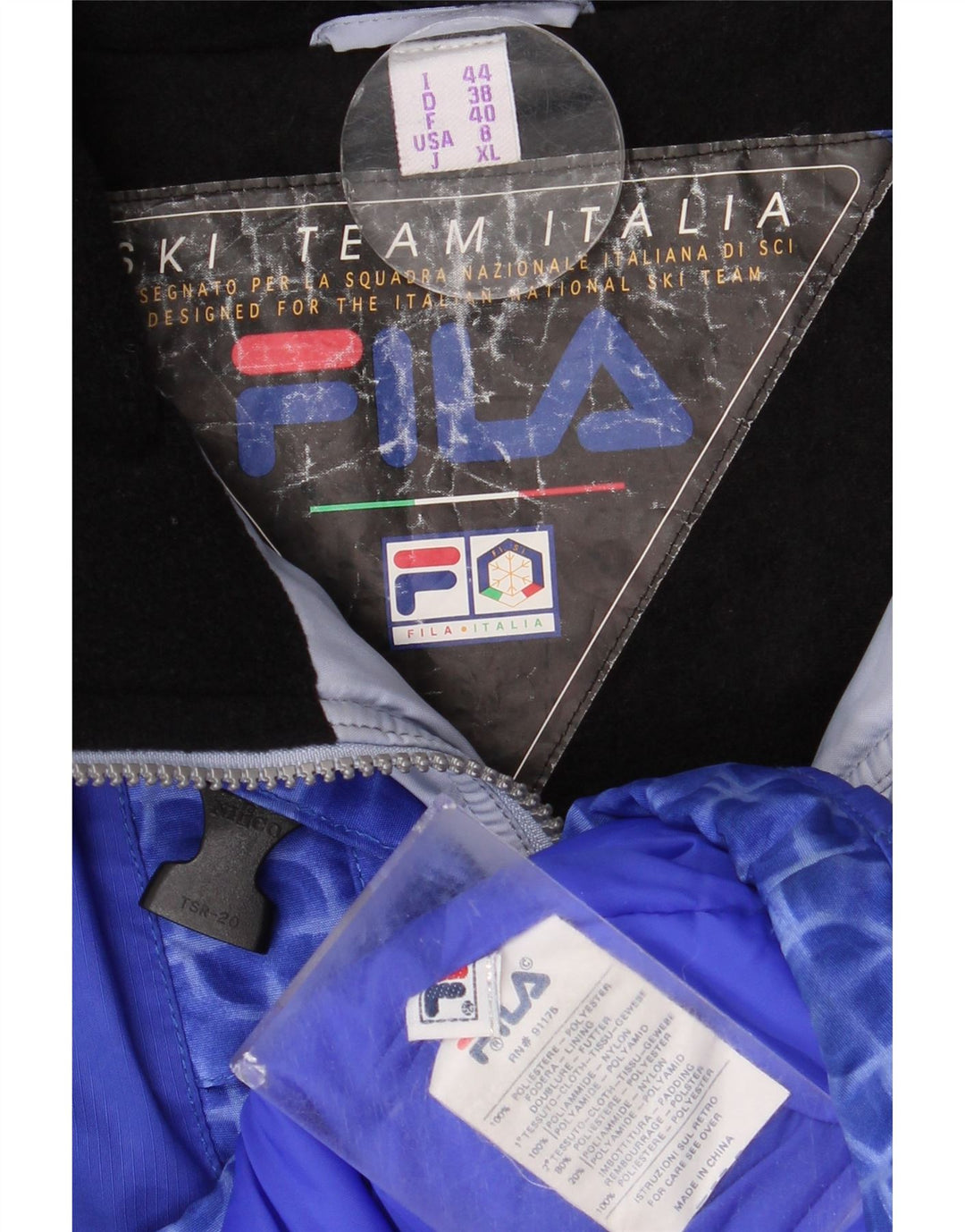 Damska kurtka narciarska Fila z kapturem, oversize US 8, średnio niebieska, geometryczna