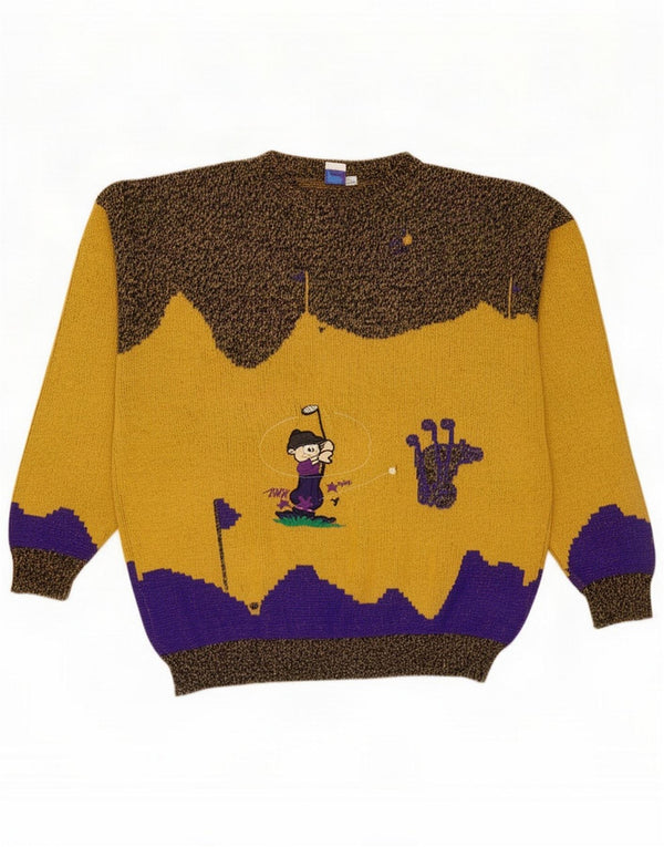 Vintage Mens Crew Neck Jumper Sweater IT 52/54 Large Yellow Colourblock