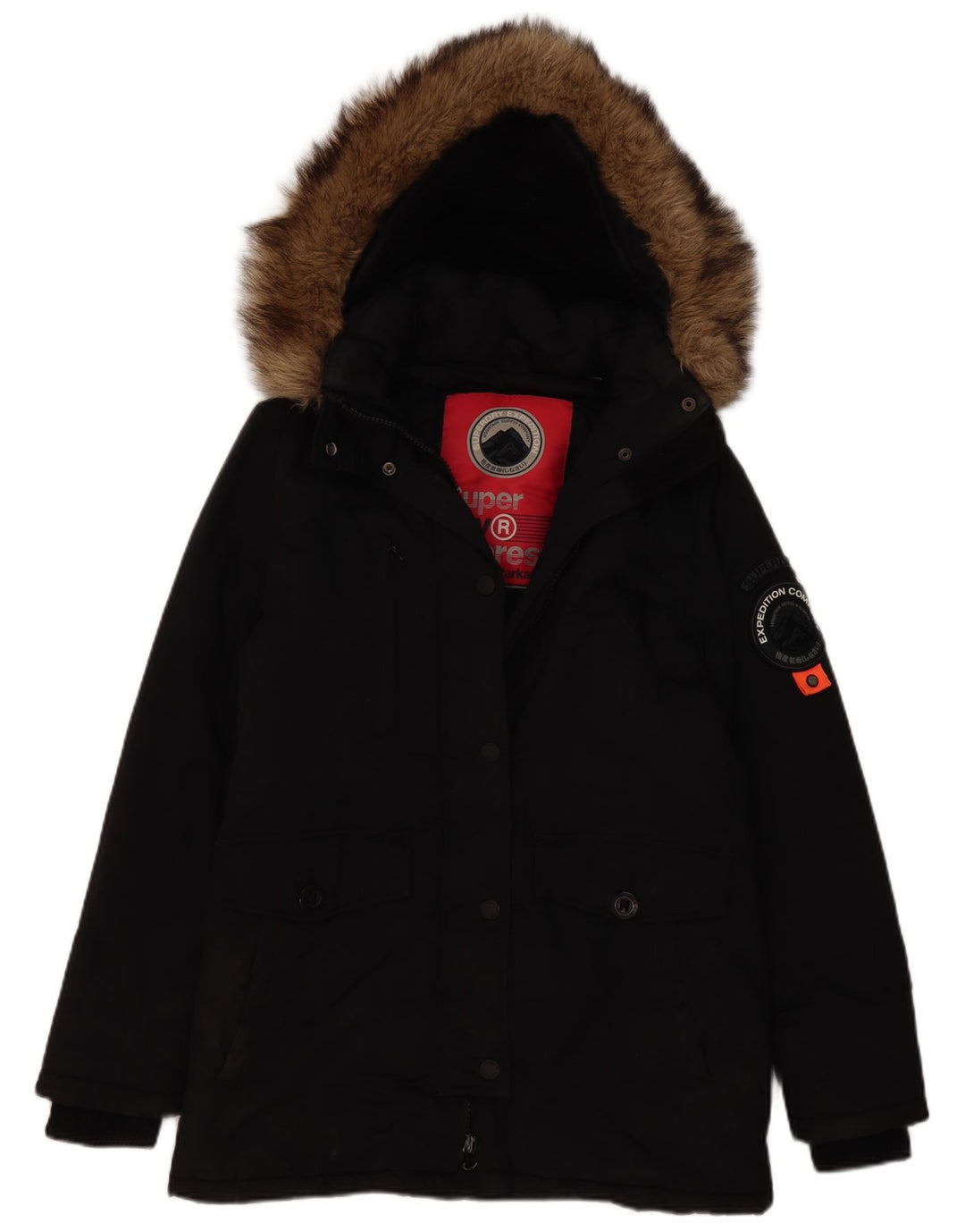 Damska kurtka parka z kapturem Superdry UK 12, średni czarny nylon