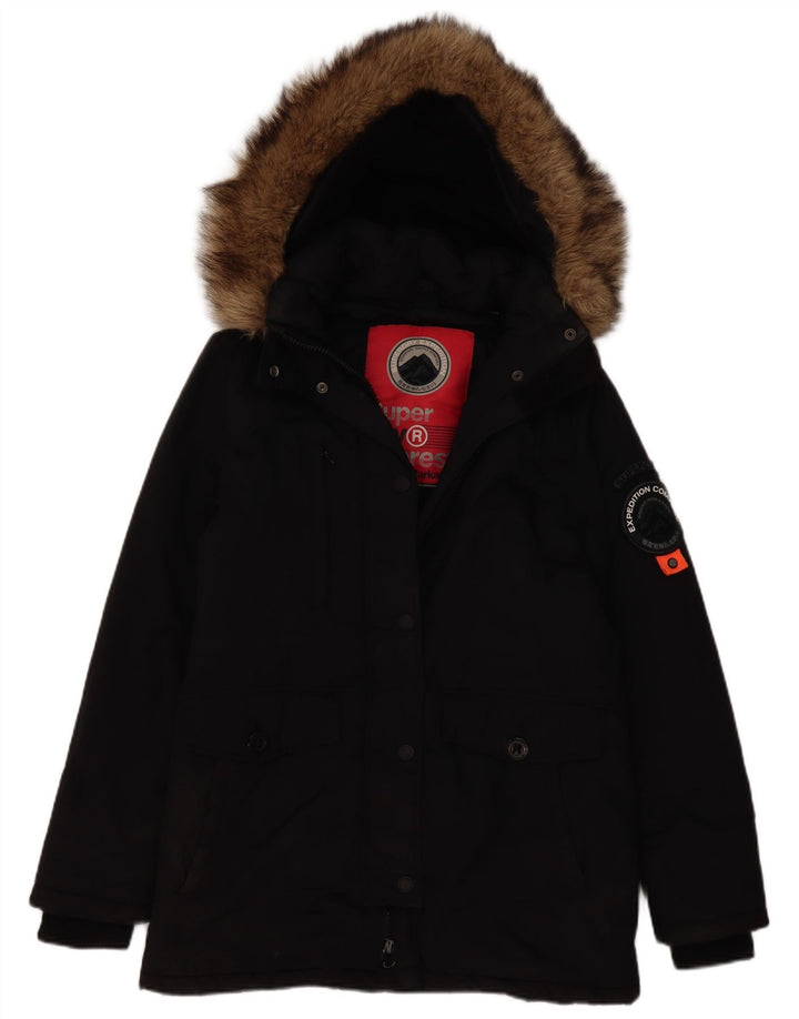 Damska kurtka parka z kapturem Superdry UK 12, średni czarny nylon
