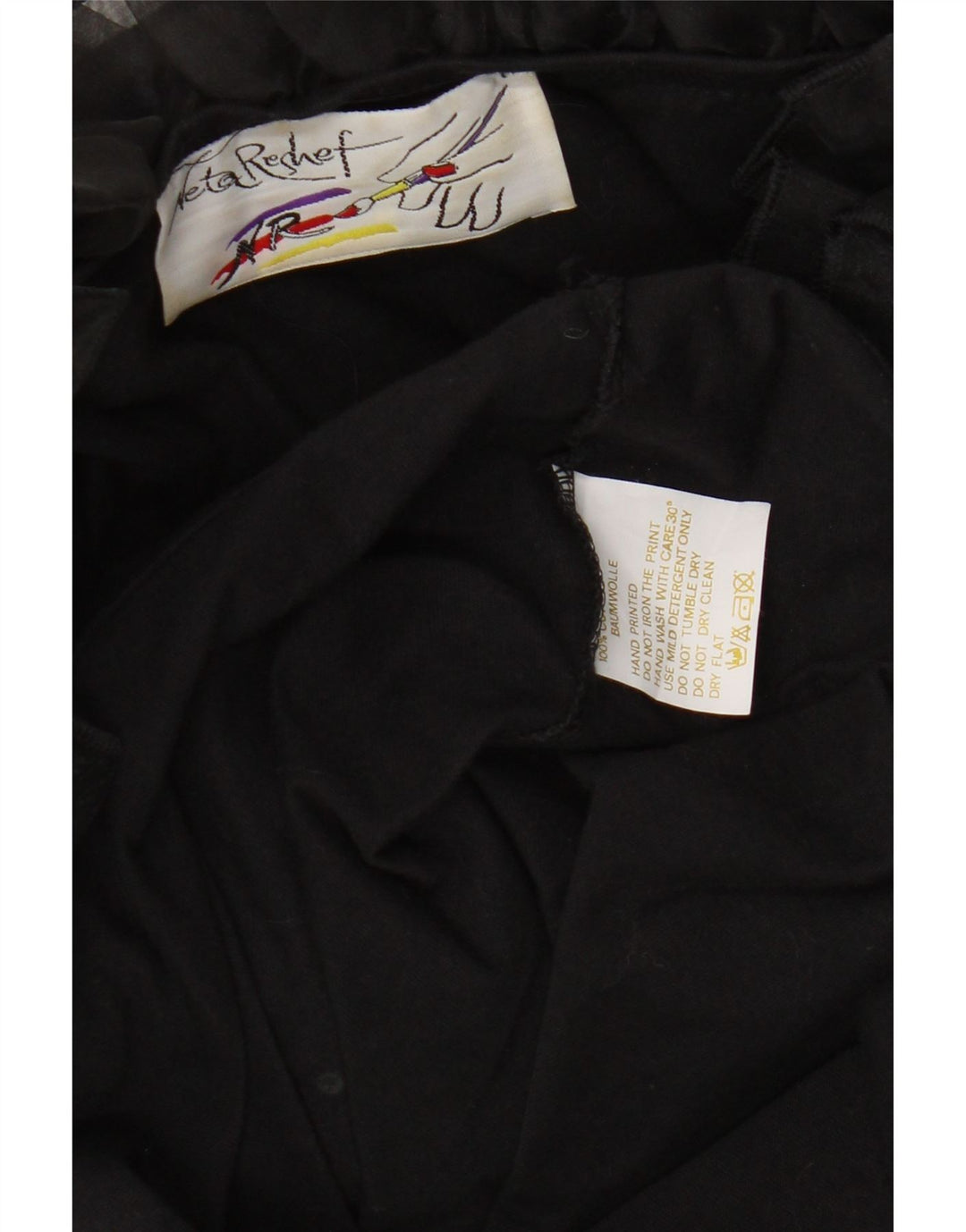 Vintage damska tunika z falbaną z przodu i długim rękawem, UK 16, duża czarna bawełna