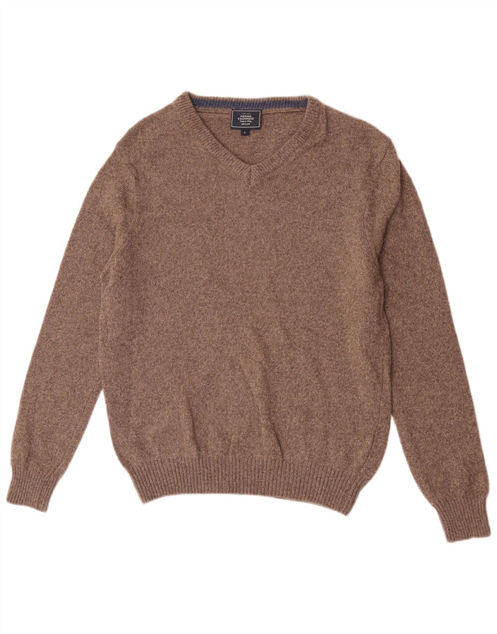 Męski sweter z dekoltem w kształcie litery V, John Lewis, duży, brązowy, wełna merynosów