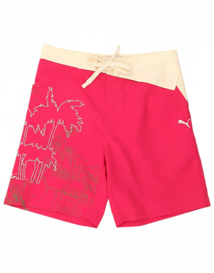 PUMA Mens Graphic Swimming Shorts Medium Pink Colourblock Nylon Beach