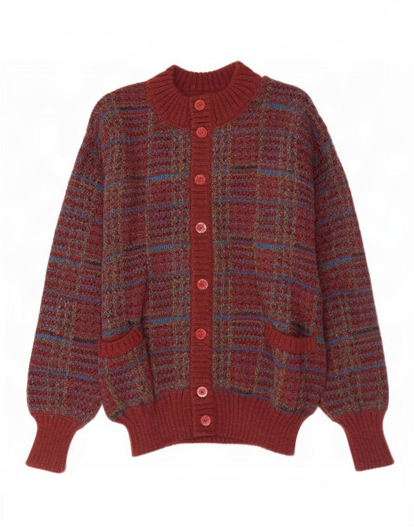 Vintage męski sweter kardigan w dużą bordową kratkę