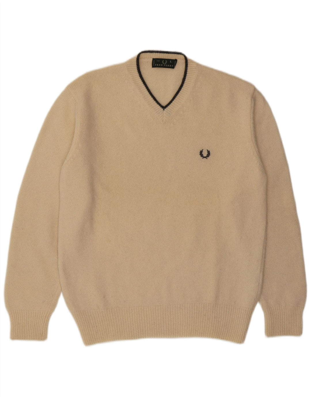 Męski sweter Fred Perry z dekoltem w kształcie litery V, duży, beżowy, wełniany