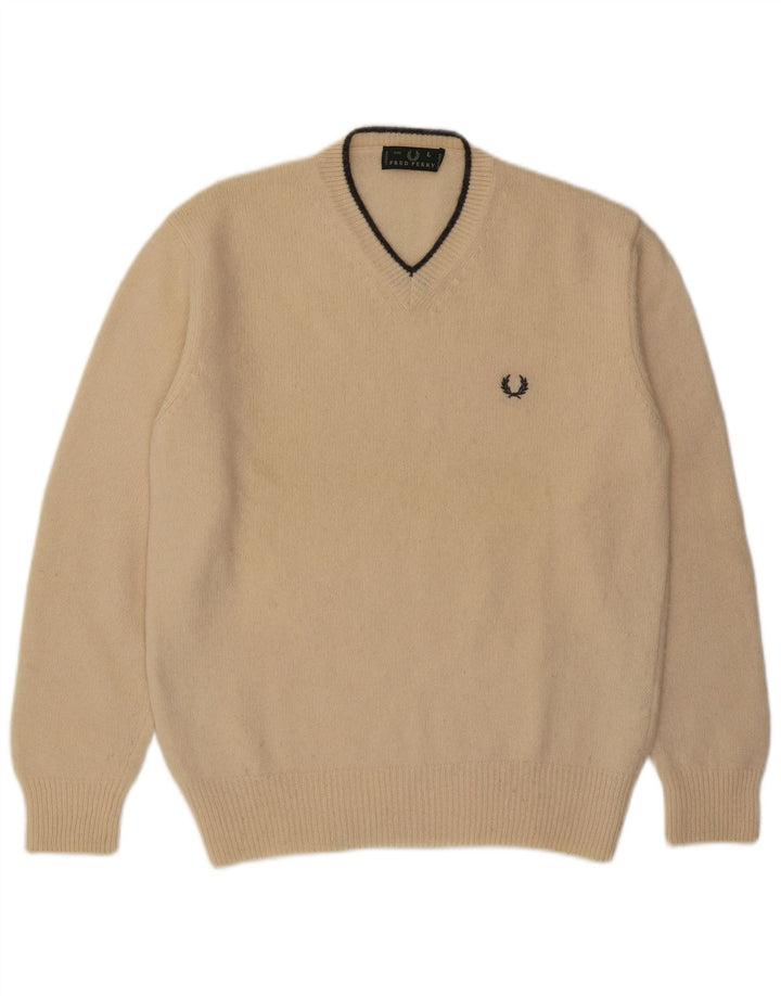 Męski sweter Fred Perry z dekoltem w kształcie litery V, duży, beżowy, wełniany